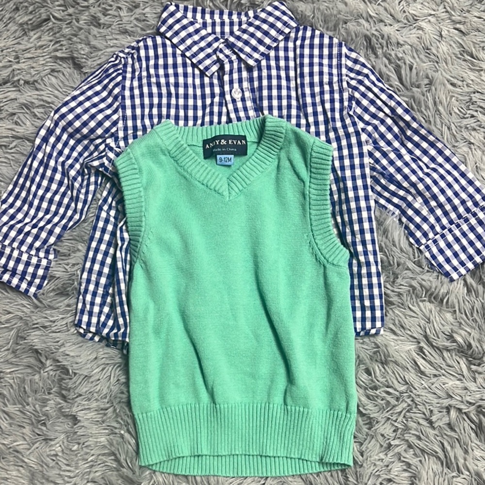 Blue Button-Down Shirt and Green Vest Set